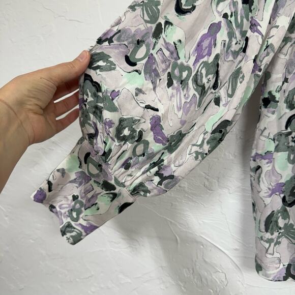Club Monaco Purple Green Floral Boho Blouse Womens XL Peasant Long Sleeve Shirt - Picture 3 of 11